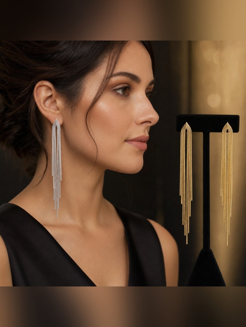 Vintage Long Bar Tassel 925 Earrings Gold  Silver Tone Elegant Geometric Drop